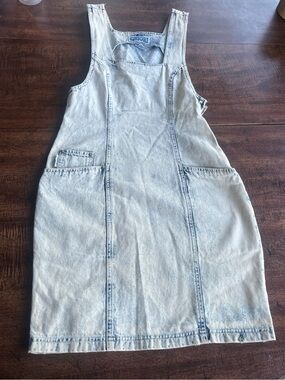 Vintage 90s Chiori Acid Wash Denim Jumper Dress Womens 7-8 Pinafore 100% Cotton